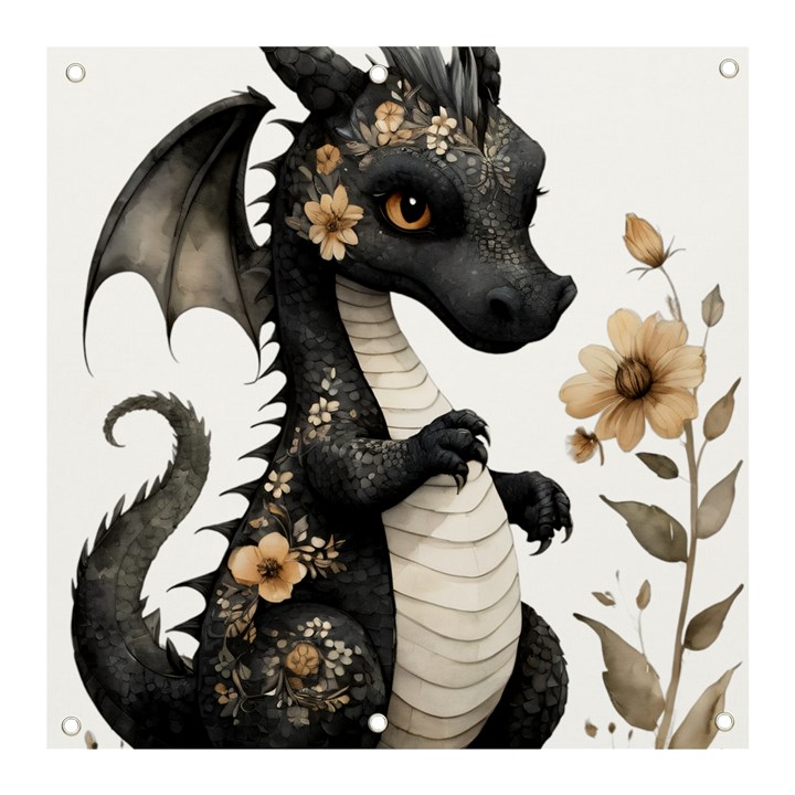 Cute Black Baby Dragon Flowers Painting (7) Banner and Sign 3  x 3 