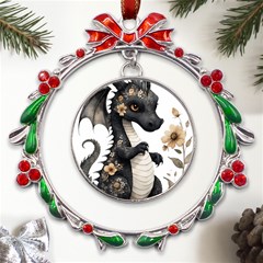 Cute Black Baby Dragon Flowers Painting (7) Metal X mas Wreath Ribbon Ornament