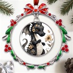 Cute Black Baby Dragon Flowers Painting (7) Metal X mas Wreath Ribbon Ornament Front