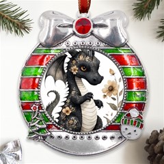 Cute Black Baby Dragon Flowers Painting (7) Metal X mas Ribbon With Red Crystal Round Ornament by 1xmerch