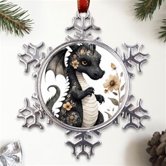 Cute Black Baby Dragon Flowers Painting (7) Metal Large Snowflake Ornament by 1xmerch