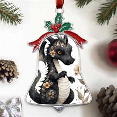 Cute Black Baby Dragon Flowers Painting (7) Metal Holly Leaf Bell Ornament by 1xmerch