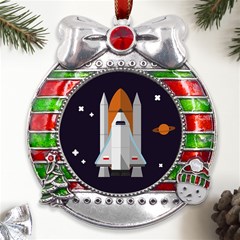 Rocket Space Universe Spaceship Metal X mas Ribbon With Red Crystal Round Ornament by Sarkoni