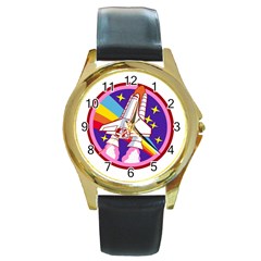 Badge Patch Pink Rainbow Rocket Round Gold Metal Watch