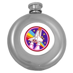 Badge Patch Pink Rainbow Rocket Round Hip Flask (5 Oz) by Sarkoni