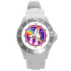 Badge Patch Pink Rainbow Rocket Round Plastic Sport Watch (l) by Sarkoni