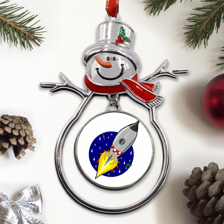 Rocket Ship Launch Vehicle Moon Metal Snowman Ornament