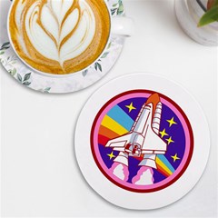 Badge Patch Pink Rainbow Rocket Uv Print Round Tile Coaster by Sarkoni