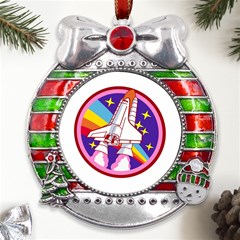 Badge Patch Pink Rainbow Rocket Metal X mas Ribbon With Red Crystal Round Ornament by Sarkoni