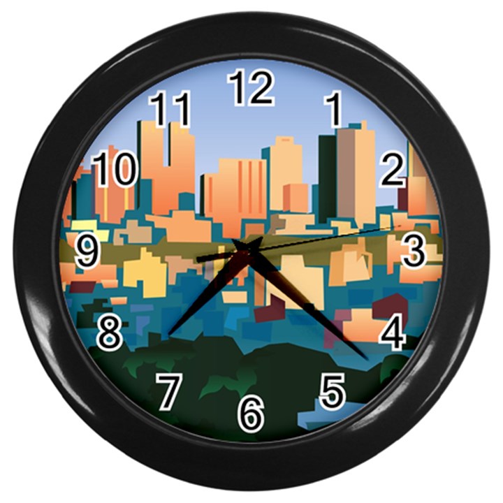 City Buildings Urban Dawn Wall Clock (Black)