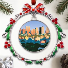 City Buildings Urban Dawn Metal X mas Wreath Ribbon Ornament by Sarkoni