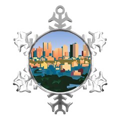 City Buildings Urban Dawn Metal Small Snowflake Ornament by Sarkoni