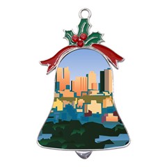 City Buildings Urban Dawn Metal Holly Leaf Bell Ornament