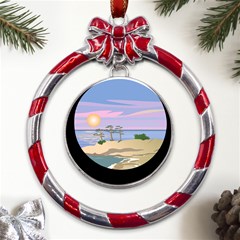 Vacation Island Sunset Sunrise Metal Red Ribbon Round Ornament by Sarkoni