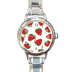 Seamless Pattern Fresh Strawberry Round Italian Charm Watch by Sarkoni