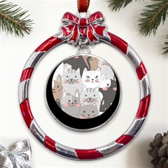 Cute Cats Seamless Pattern Metal Red Ribbon Round Ornament by Sarkoni