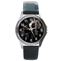 City Night Moon Skyline Skyscraper Round Metal Watch by Grandong