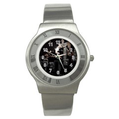 City Night Moon Skyline Skyscraper Stainless Steel Watch by Grandong