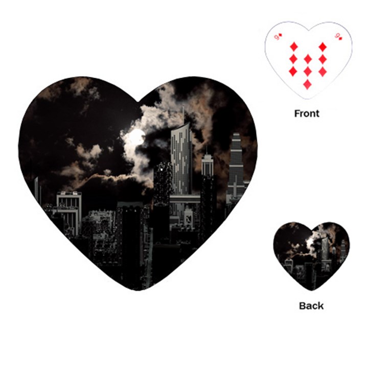 City Night Moon Skyline Skyscraper Playing Cards Single Design (Heart)