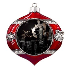 City Night Moon Skyline Skyscraper Metal Snowflake And Bell Red Ornament by Grandong