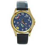 Cat Cosmos Cosmonaut Rocket Round Gold Metal Watch Front