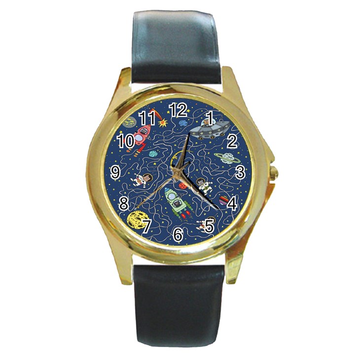 Cat Cosmos Cosmonaut Rocket Round Gold Metal Watch