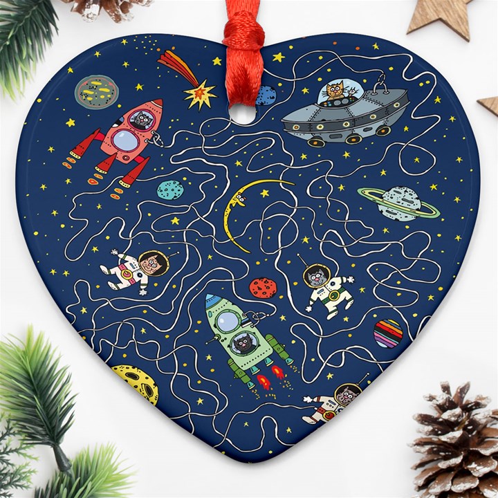 Cat Cosmos Cosmonaut Rocket Heart Ornament (Two Sides)