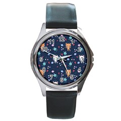 Cute Astronaut Cat With Star Galaxy Elements Seamless Pattern Round Metal Watch by Grandong