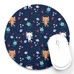 Cute Astronaut Cat With Star Galaxy Elements Seamless Pattern Round Mousepad by Grandong