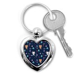 Cute Astronaut Cat With Star Galaxy Elements Seamless Pattern Key Chain (Heart) Front