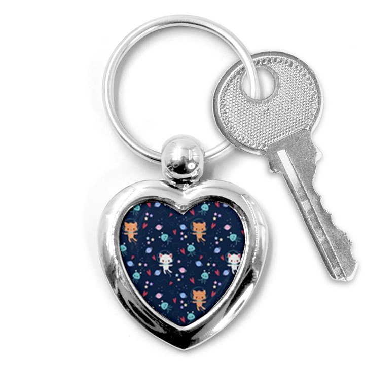 Cute Astronaut Cat With Star Galaxy Elements Seamless Pattern Key Chain (Heart)