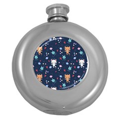 Cute Astronaut Cat With Star Galaxy Elements Seamless Pattern Round Hip Flask (5 Oz) by Grandong