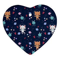 Cute Astronaut Cat With Star Galaxy Elements Seamless Pattern Heart Ornament (two Sides) by Grandong