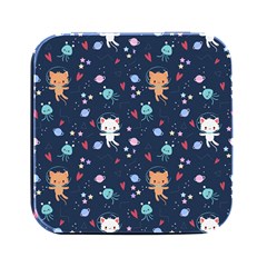 Cute Astronaut Cat With Star Galaxy Elements Seamless Pattern Square Metal Box (black) by Grandong