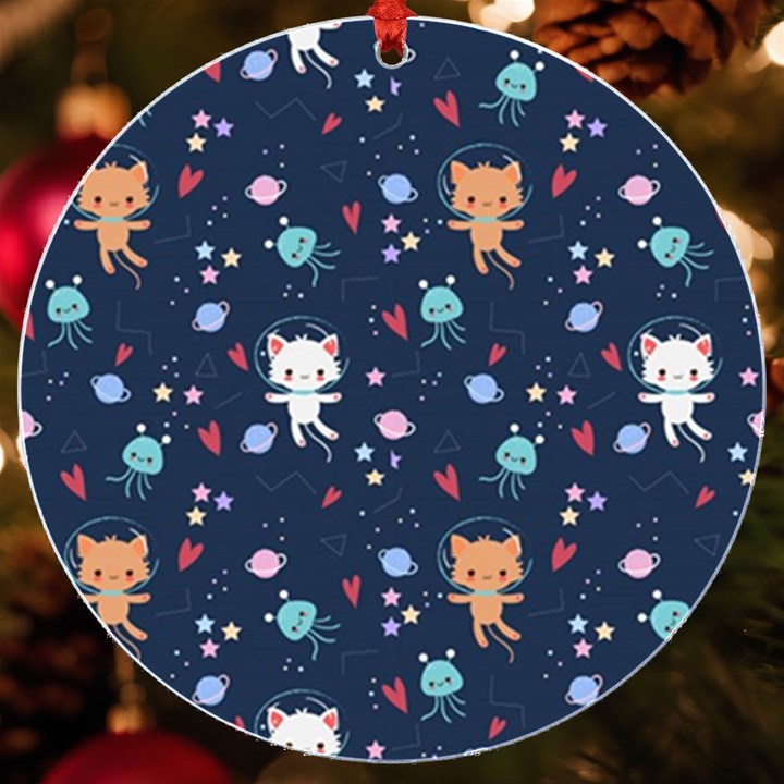 Cute Astronaut Cat With Star Galaxy Elements Seamless Pattern UV Print Acrylic Ornament Round