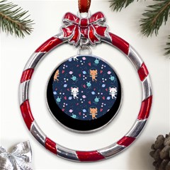 Cute Astronaut Cat With Star Galaxy Elements Seamless Pattern Metal Red Ribbon Round Ornament by Grandong