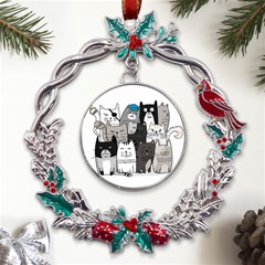 Cute Cat Hand Drawn Cartoon Style Metal X mas Wreath Holly Leaf Ornament by Grandong