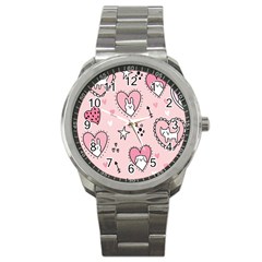 Cartoon Cute Valentines Day Doodle Heart Love Flower Seamless Pattern Vector Sport Metal Watch by Apen