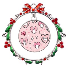 Cartoon Cute Valentines Day Doodle Heart Love Flower Seamless Pattern Vector Metal X mas Wreath Ribbon Ornament