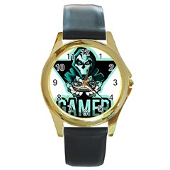 Gamer Illustration Gamer Video Game Logo Round Gold Metal Watch by Sarkoni