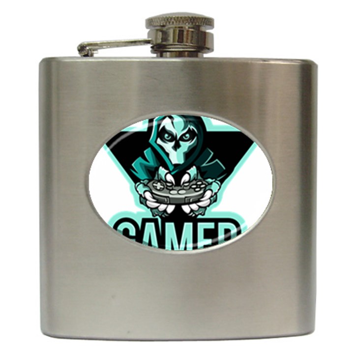 Gamer Illustration Gamer Video Game Logo Hip Flask (6 oz)