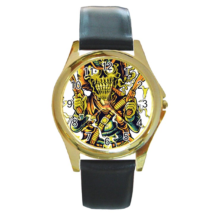 Cowboy Skeleton With Gun Illustration Round Gold Metal Watch