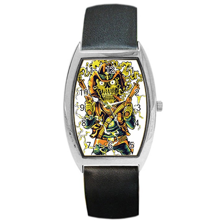 Cowboy Skeleton With Gun Illustration Barrel Style Metal Watch