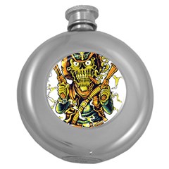 Cowboy Skeleton With Gun Illustration Round Hip Flask (5 Oz) by Sarkoni