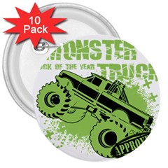 Monster Truck Illustration Green Car 3  Buttons (10 Pack)  by Sarkoni