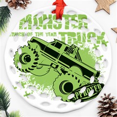 Monster Truck Illustration Green Car Round Filigree Ornament (two Sides) by Sarkoni