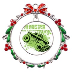 Monster Truck Illustration Green Car Metal X mas Wreath Ribbon Ornament by Sarkoni