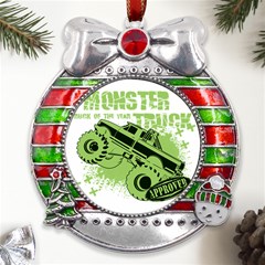 Monster Truck Illustration Green Car Metal X mas Ribbon With Red Crystal Round Ornament by Sarkoni