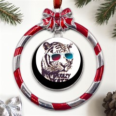 Krazy Katz 3d Tiger Roar Animal Metal Red Ribbon Round Ornament by Sarkoni