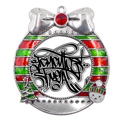 Hip Hop Music Drawing Art Graffiti Metal X mas Ribbon With Red Crystal Round Ornament by Sarkoni